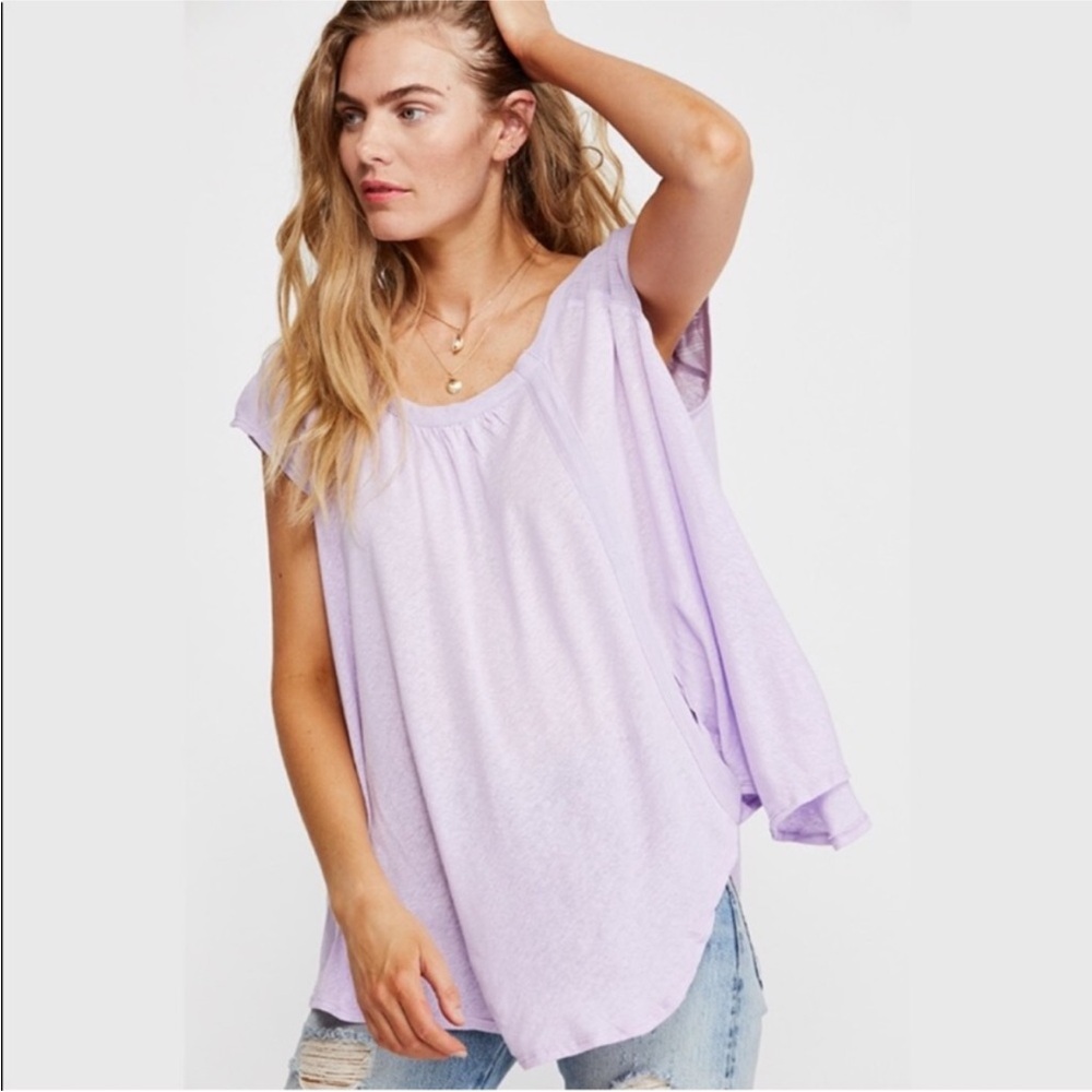 Free People Keep It Casual Tee Lilac‎ Linen Blend Short Sleeve Flowy Top Size XS